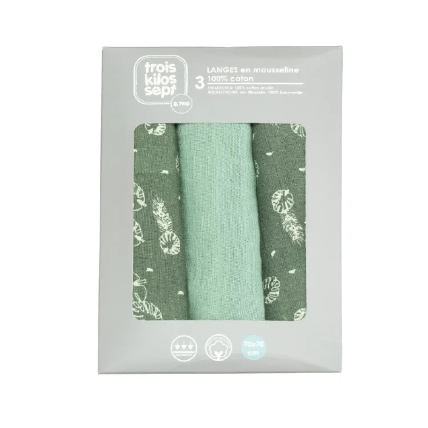 3er-Set Baby-Mulltücher 70×70 cm – Blätter Muster