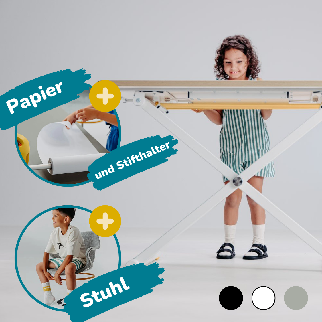 Poptop Kreativstudio - Kinderschreibtisch, Stuhl, Papierhalter mit Rolle & Stiftehalter