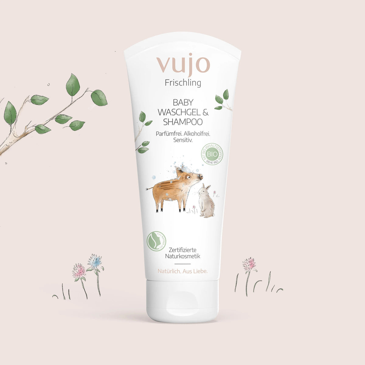 vujo Baby Waschgel und Shampoo 200 ml, Tube im Frischling-Design, parfümfreie Naturkosmetik