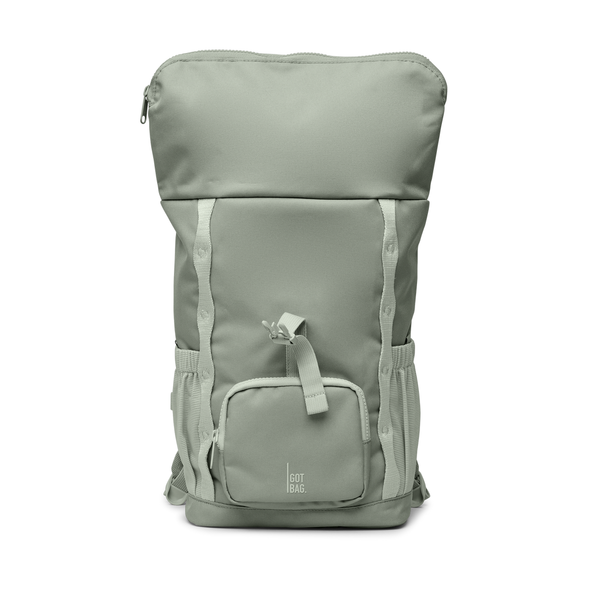 GOT BAG Kids Adventure Rolltop Kinderrucksack in Salbeigrün (bass), mit geöffnetem Rolltop, Studioaufnahme