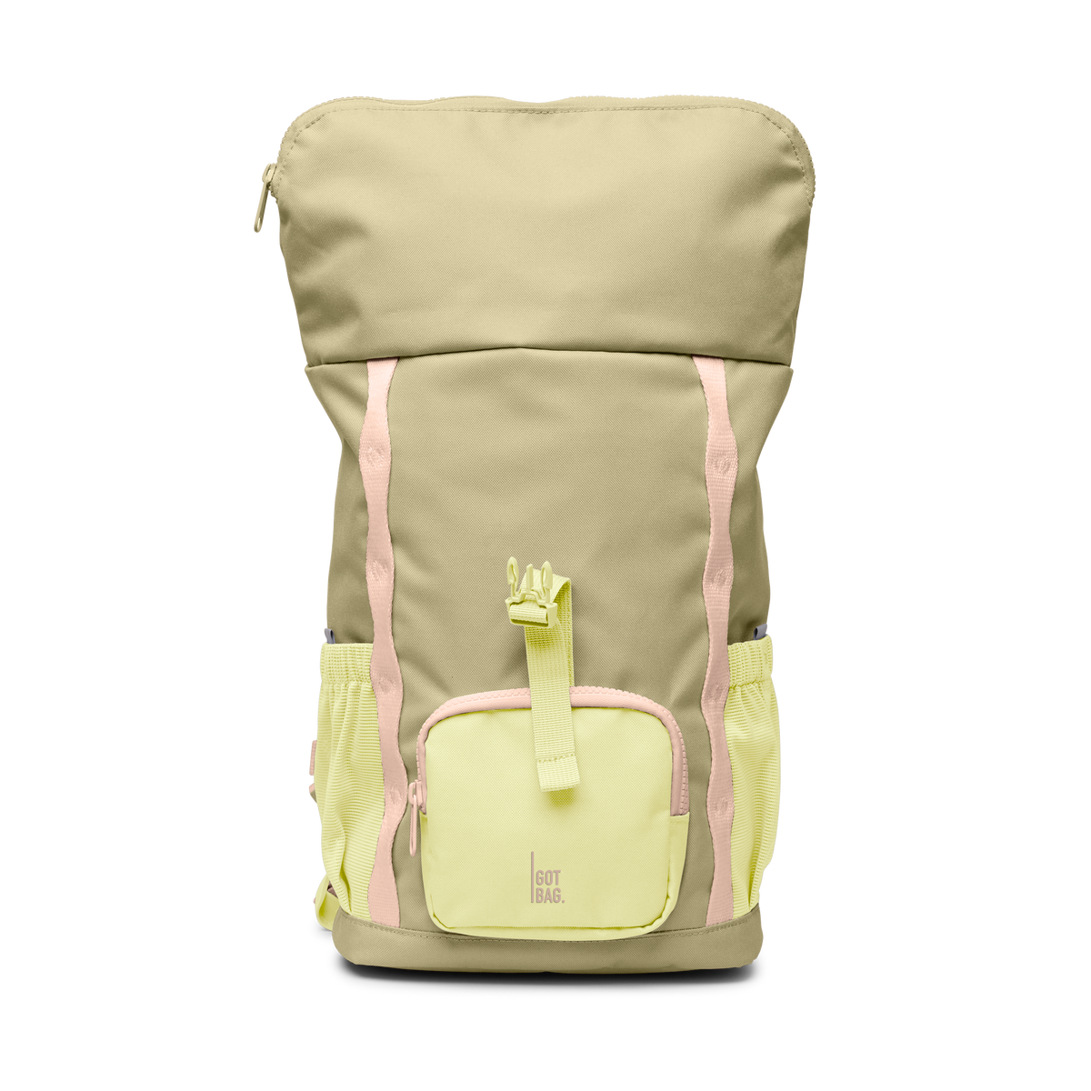 GOT BAG Kids Adventure Rolltop Kinderrucksack in Pistaziengrün (nori), mit geöffnetem Rolltop, Studioaufnahme