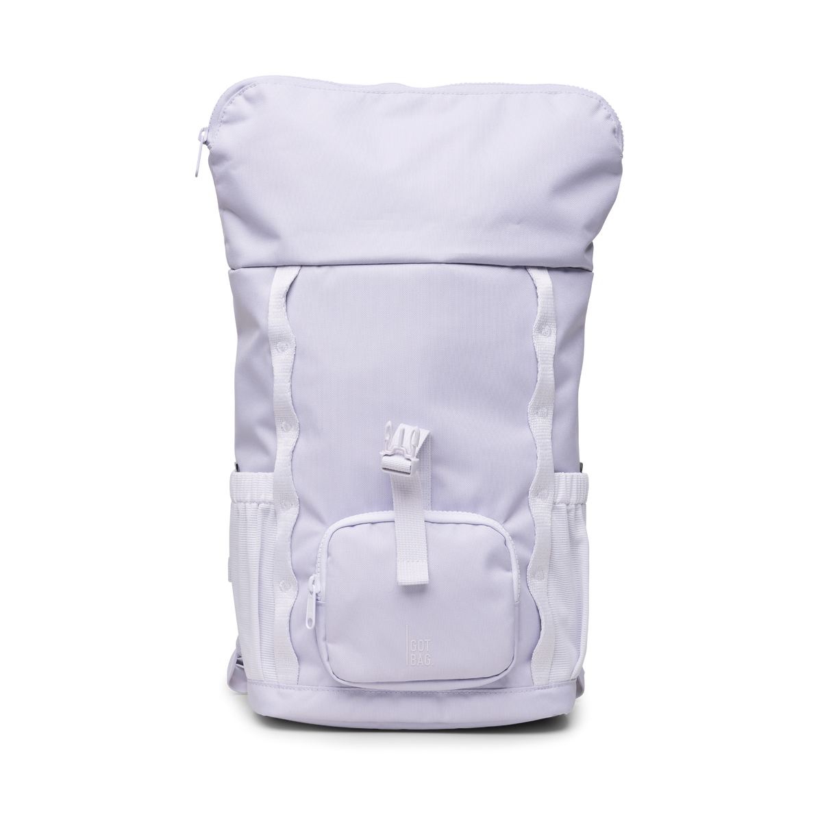 GOT BAG Kids Adventure Rolltop Kinderrucksack in Flieder (purple coral), mit geöffnetem Rolltop, Studioaufnahme