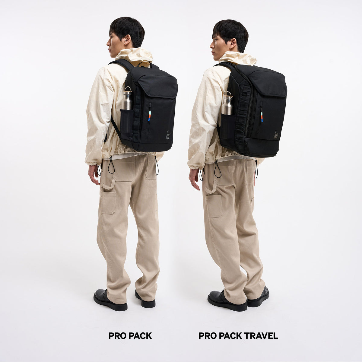 GOT BAG Pro Pack Laptoprucksack, Größenvergleich mit dem Pro Pack Travel in Schwarz, von zwei Männern getragen