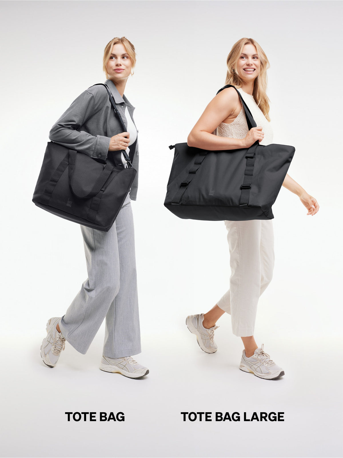GOT BAG Tote Bag Monochrome Tragetasche in Schwarz, zwei Frauen tragen Tote Bag und Tote Bag Large im Größenvergleich