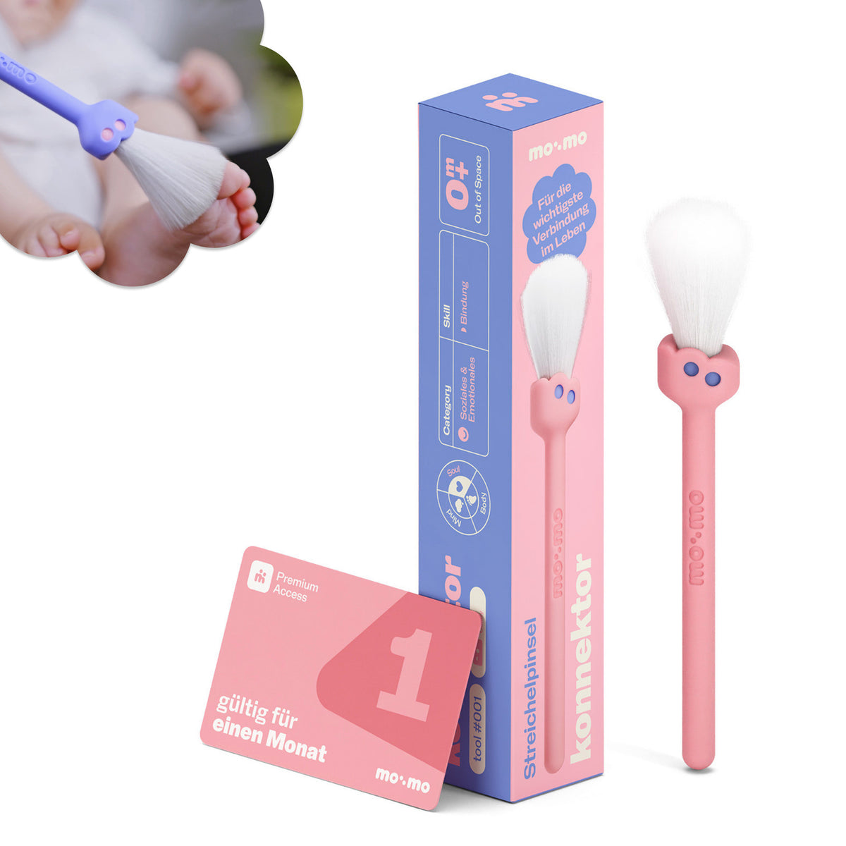 mo:mo Konnektor Streichelpinsel mit weichen Borsten für die Babymassage, Candy