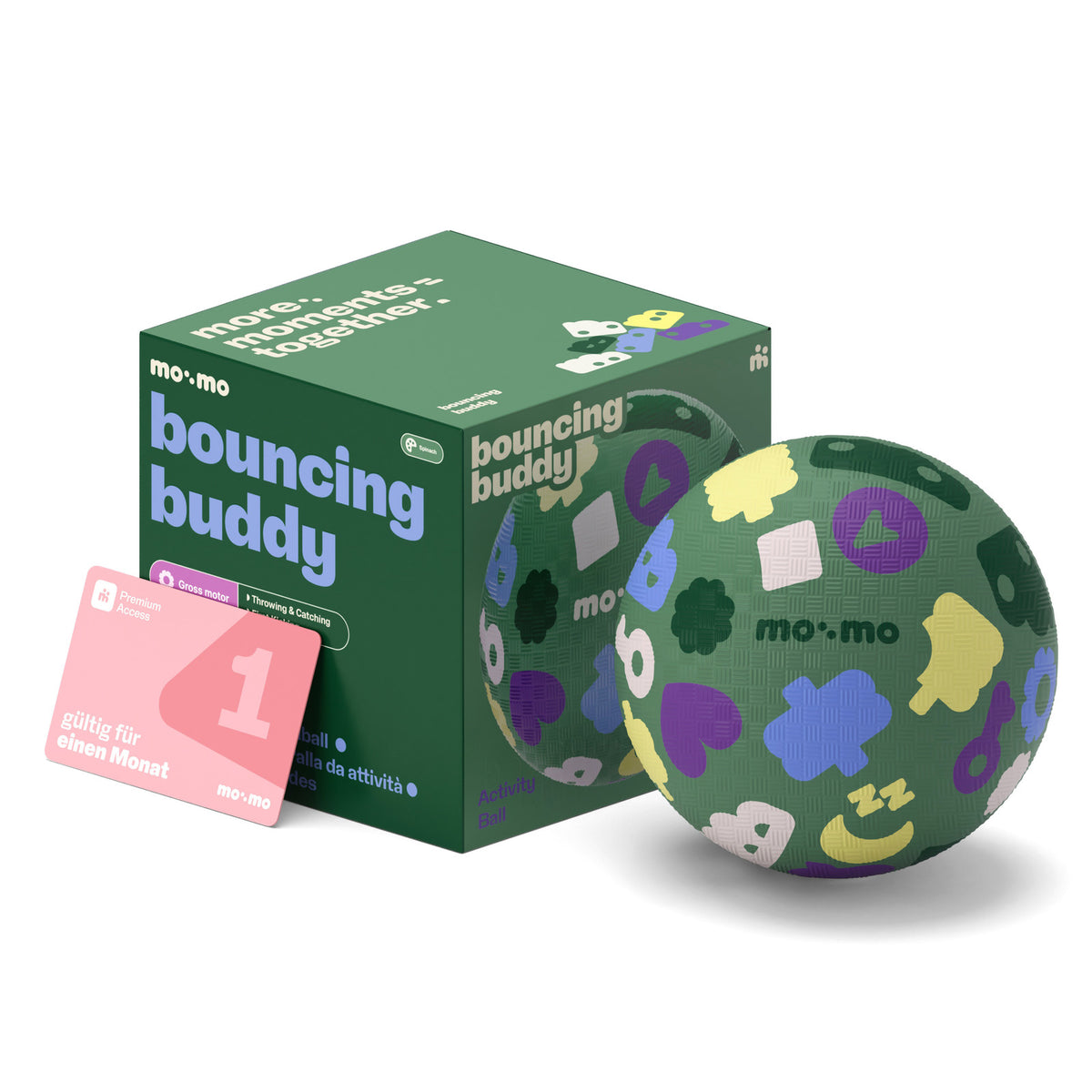 mo:mo Bouncing Buddy Spielball aus Naturkautschuk in Kinderhand, Spinach