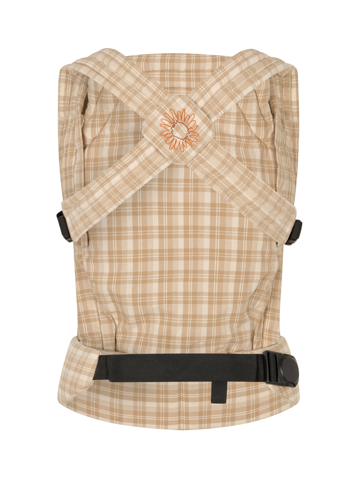 Moova Balance Babytrage aus Bio-Baumwolle mit Baby in Bauchtrageposition, Mocha Check, Ansicht 2