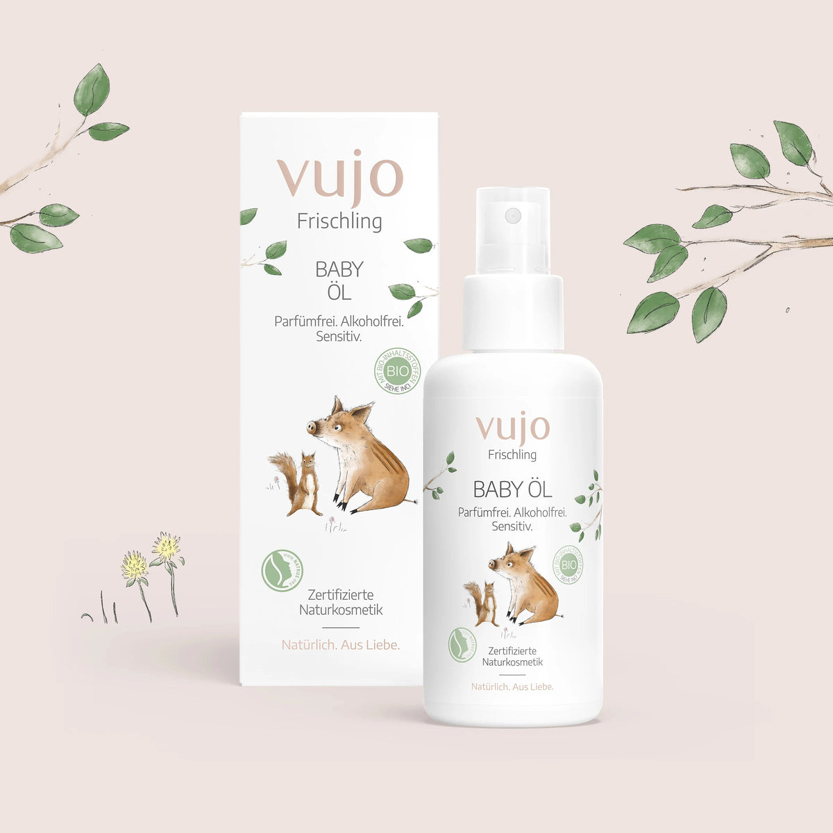vujo Baby Öl 100 ml parfümfrei, Flasche und Faltschachtel im Frischling-Design