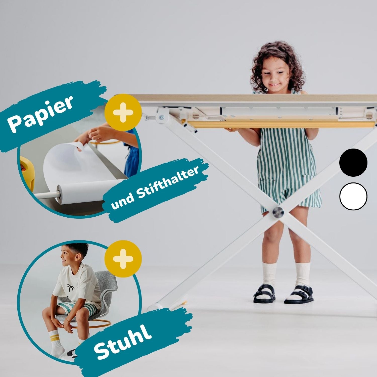 Poptop Kreativstudio - Kinderschreibtisch, Stuhl, Papierhalter mit Rolle & Stiftehalter