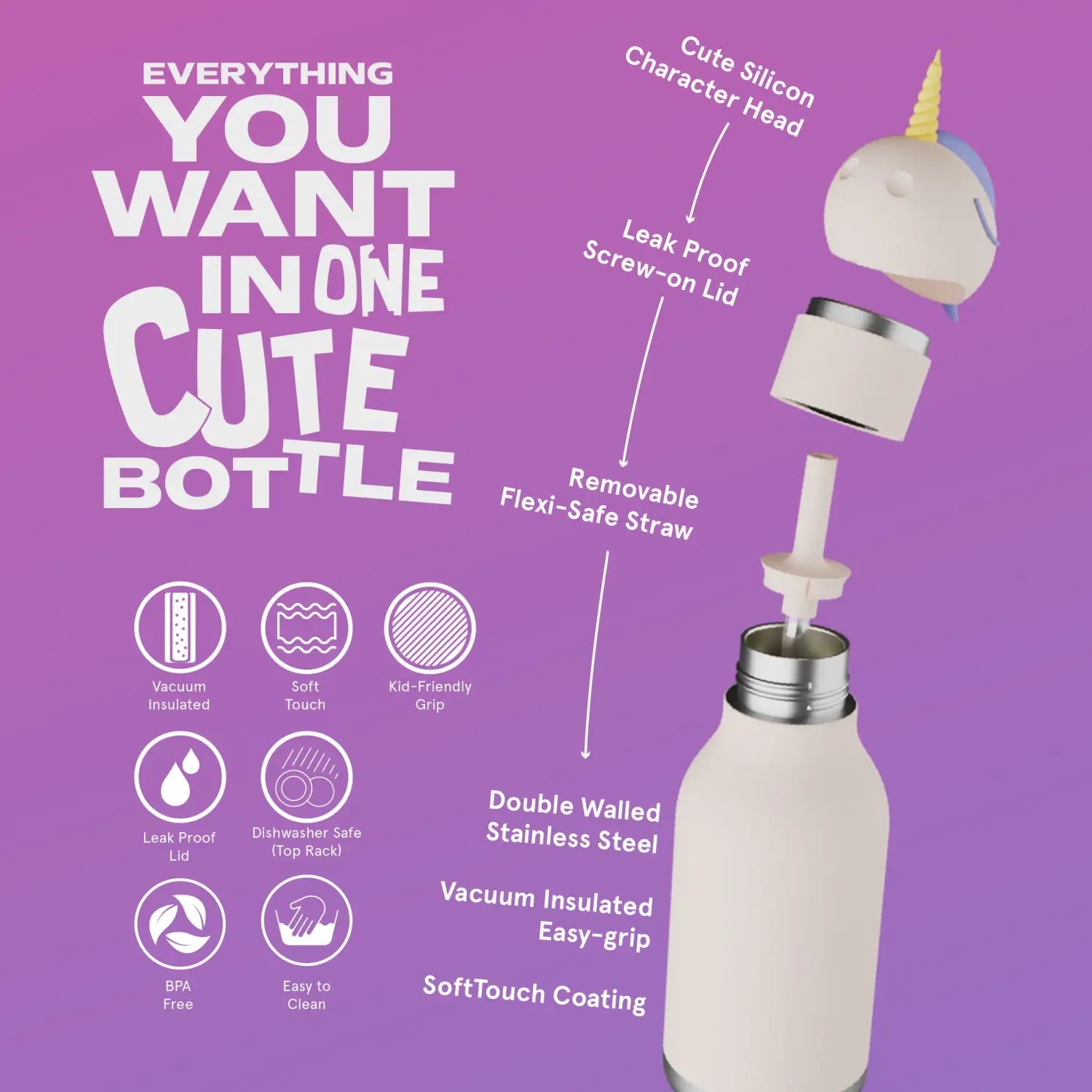 Unicorn Bestie Bottle – Kinder Trinkflasche Edelstahl isoliert Einhornmotiv - Kindertrinkflasche