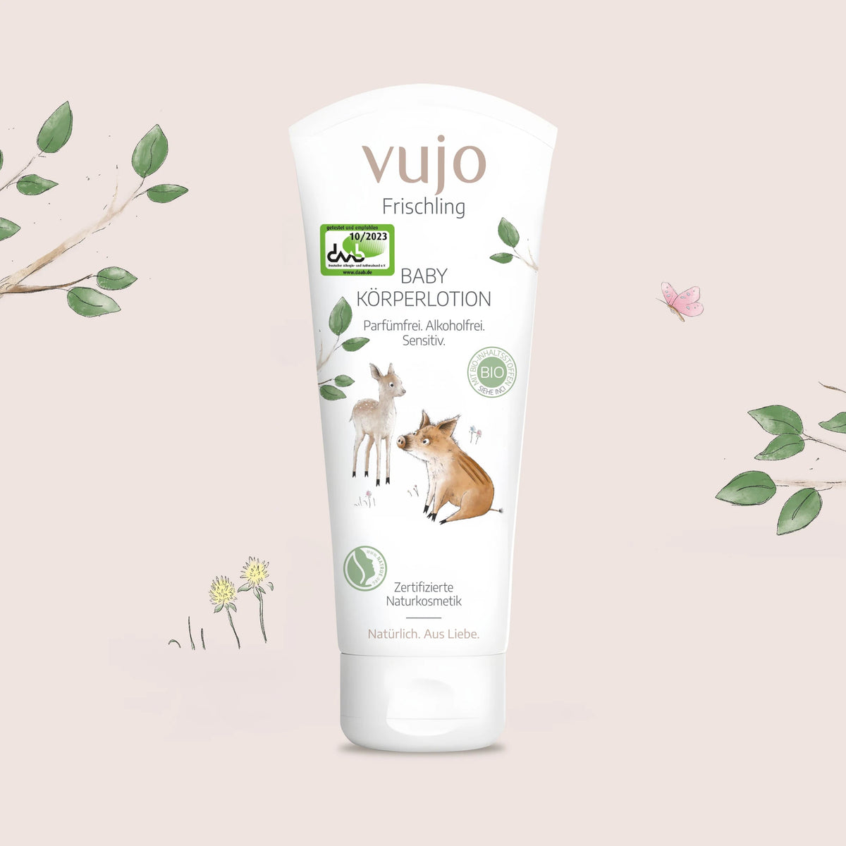 vujo Baby Körperlotion 200 ml parfümfrei, Tube mit Reh und Frischling
