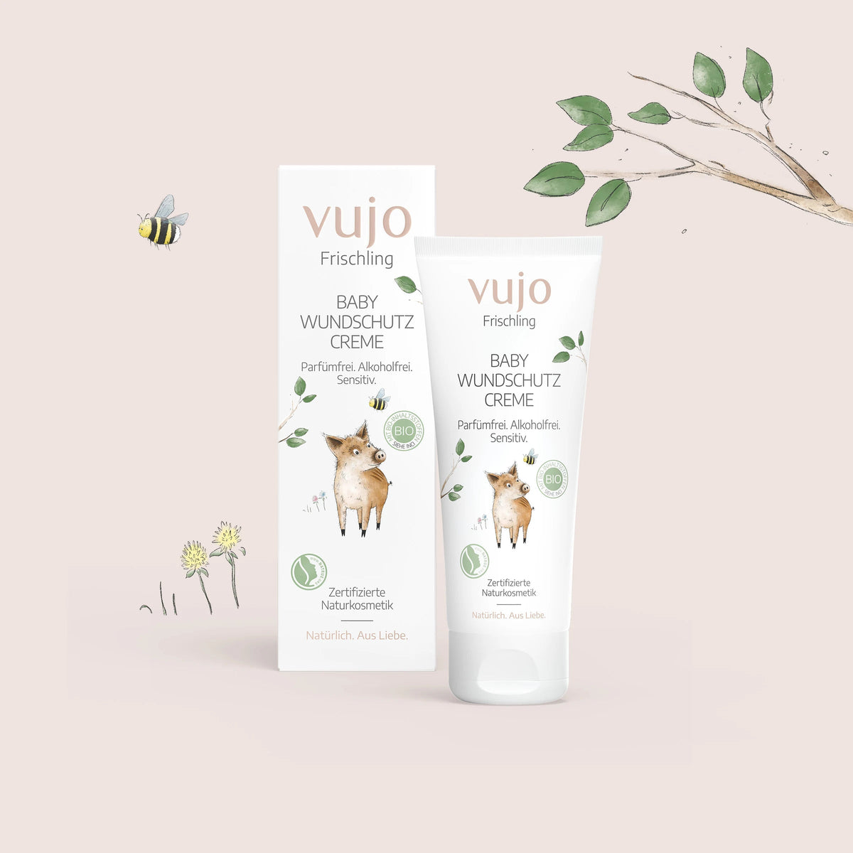 vujo Baby Wundschutzcreme 75 ml, Tube und Faltschachtel im Frischling-Design