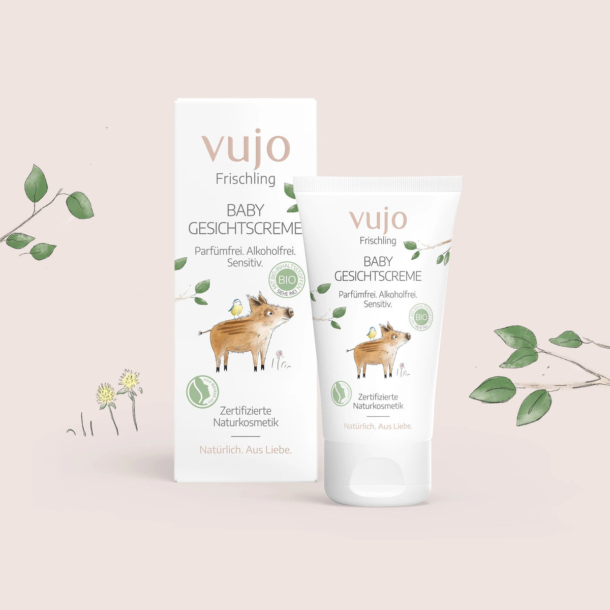 vujo Baby Gesichtscreme 50 ml, Tube und Faltschachtel im Frischling-Design