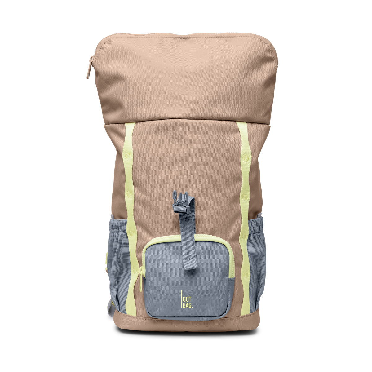 GOT BAG Kids Adventure Rolltop Kinderrucksack in Beige (sandbar), mit geöffnetem Rolltop, Studioaufnahme