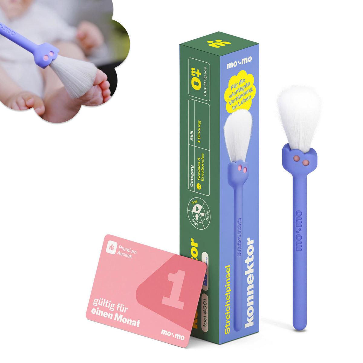 mo:mo Konnektor Streichelpinsel mit weichen Borsten für die Babymassage, Blueberry