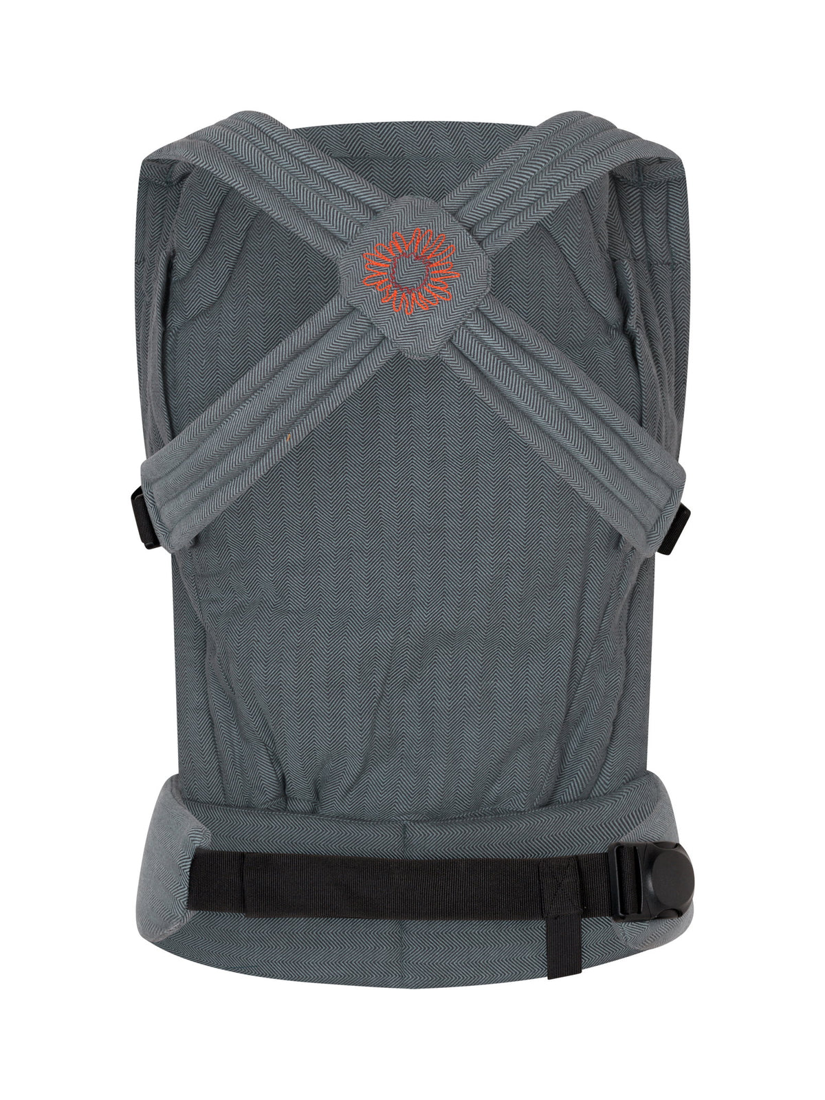 Moova Balance Babytrage aus Bio-Baumwolle mit Baby in Bauchtrageposition, Atlantic Herringbone, Ansicht 2