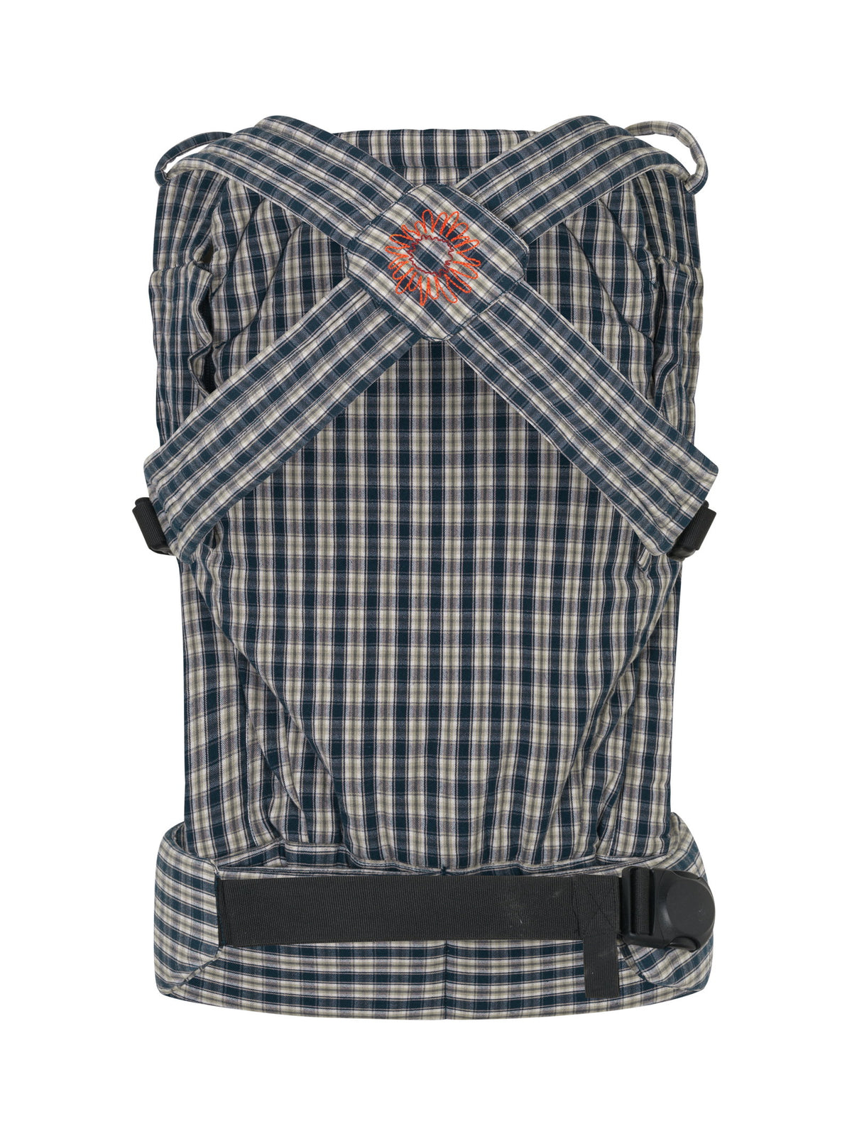 Moova Balance Babytrage aus Bio-Baumwolle mit Baby in Bauchtrageposition, Navy Check, Ansicht 2