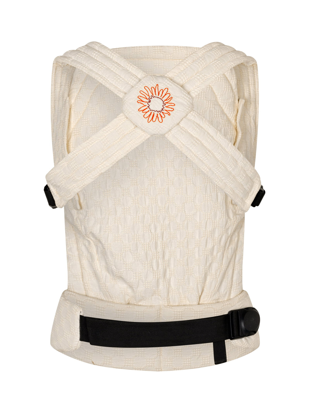 Moova Balance Babytrage aus Bio-Baumwolle mit Baby in Bauchtrageposition, Soft Sand, Ansicht 2