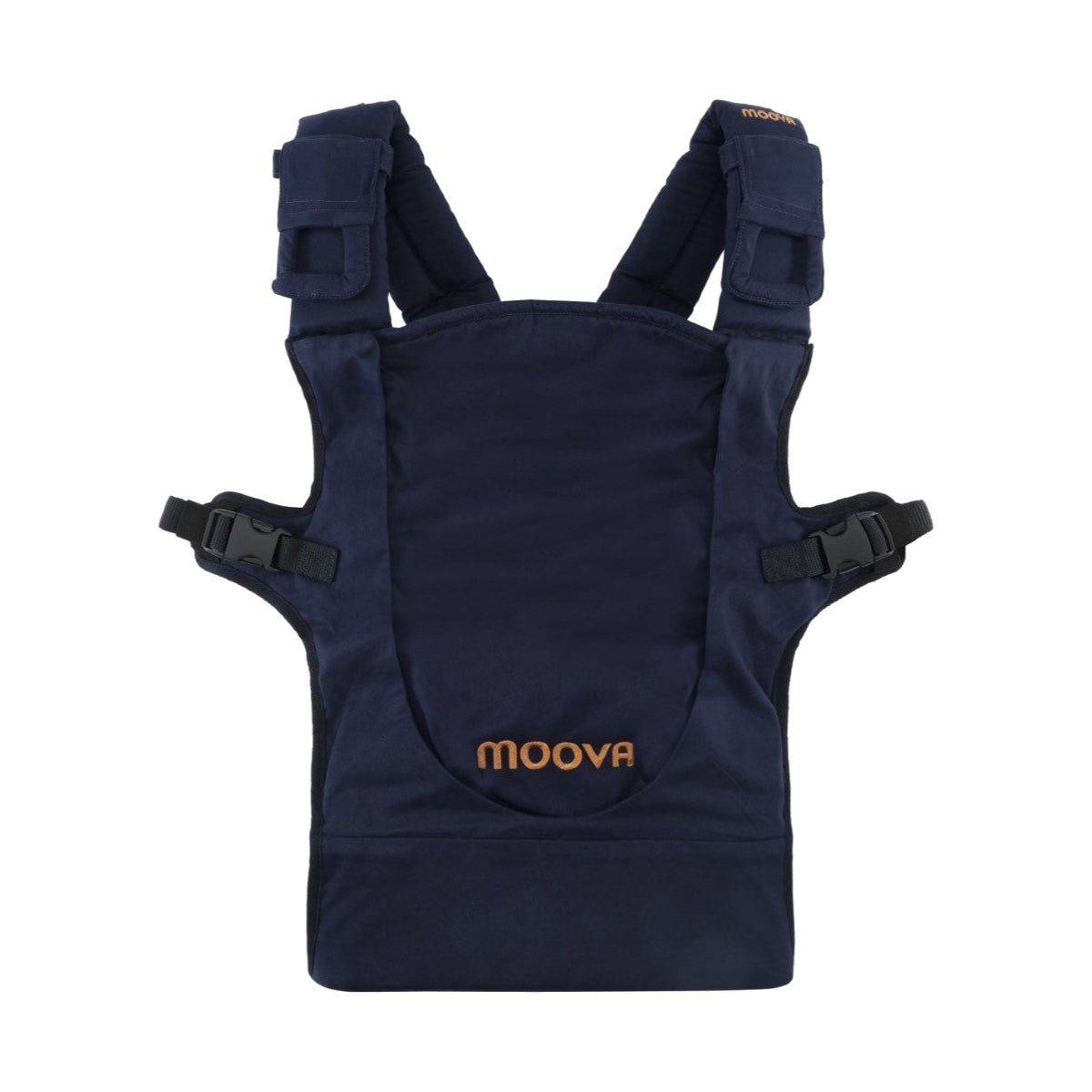 Moova Babytrage mit offenem Rückenteil und Baby in Bauchtrageposition, Blau