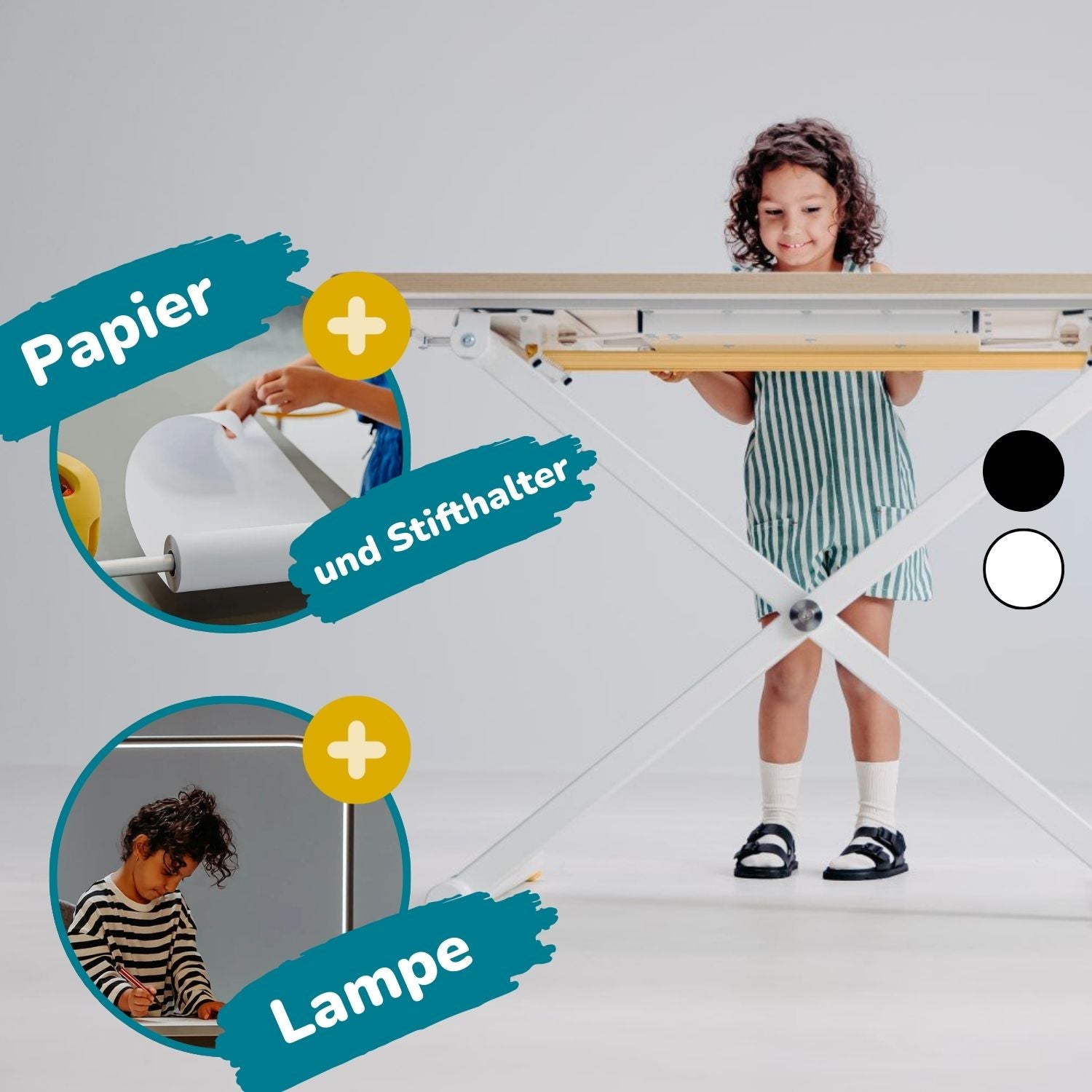 Poptop Ideenstudio - Kinderschreibtisch, Lampe, Papierhalter mit Rolle & Stiftehalter