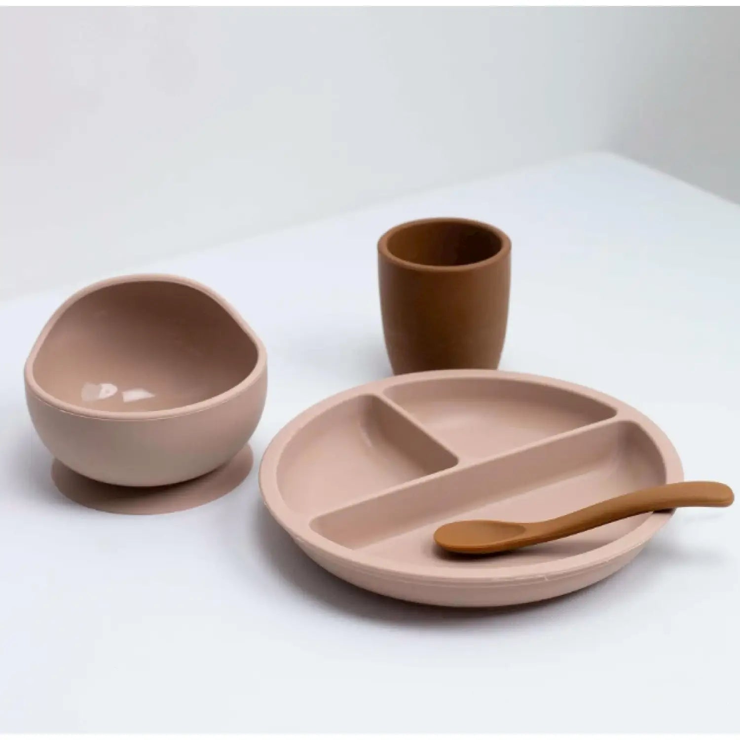 Silikon-Essgeschirr-Set 4-teilig – Kinder Essset ab 1 Jahr - braun